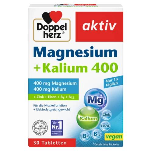Abbildung der Produktverpackung Doppelherz aktiv Magnesium + Kalium 400 Frontansicht